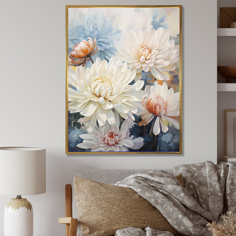 «White Mums In Blue Dream» sur toile, H 20 po x l 12 po x P 1 po, Cadre flottant doré
