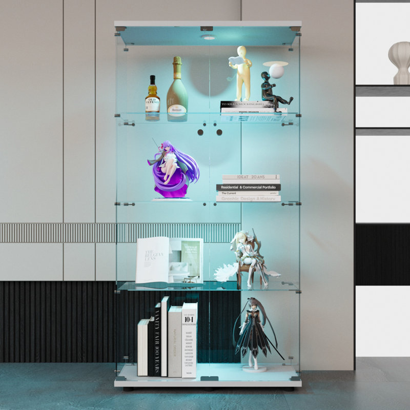 Two-Door Leds  Glass Display Cabinet 4 Shelves With Door, Floor Standing Curio Bookshelf For Living Room Bedroom Office,  64.7"*31.7"*14.3"