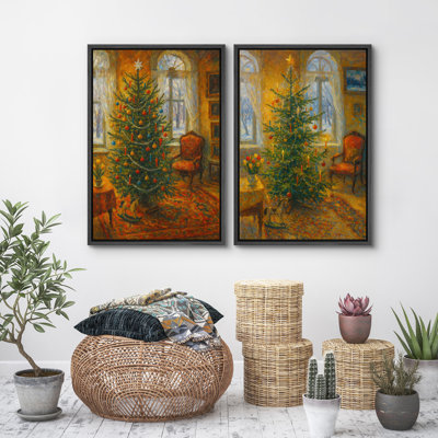 Christmas Wall Art Framed Canvas Print Set of 2 Holiday Wall Decoration