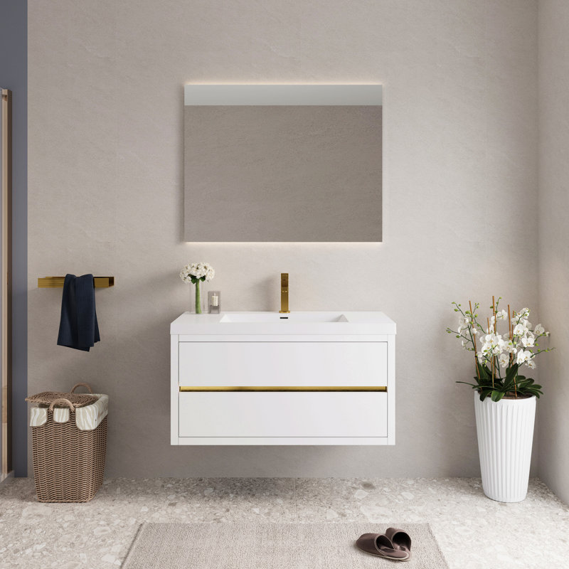 Meuble-lavabo mural 42 po avec lavabo, armoire de rangement flottante avec comptoir en résine de pierre et tiroirs à fermeture en douceur entièrement assemblés