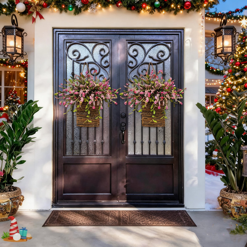 2 pièces de panier de cintre de porte de fleurs de baies roses de printemps, décorations de porte d'entrée pour la maison Decoration Décoration de Noël Gifts Cadeaux des Fêtes
