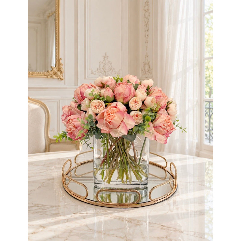 Pink Artificial Peony Arrangement, Faux Floral Glass Vase Centerpiece with Faux Water for Dining Table, French Country Decor