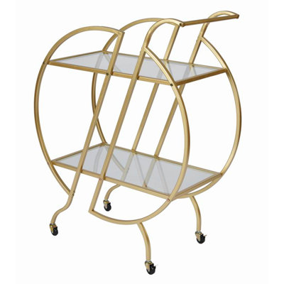 Gold Bar Carts for The Home Bar Serving Cart, Rolling Bar Cart Gold with Lockable Caster Wheels, Glass Bar Carts with 2 Mirrored Shelves, Storage Roun