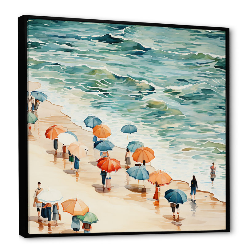Beach Day Umbrella Parade II - Beach People, art mural, Cadre flottant noir, H 16 po x l 16 po x P 1 po