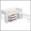 Lit mezzanine bas avec bureau coulissant, tiroirs, armoire et tablettes pour chambre d'enfant