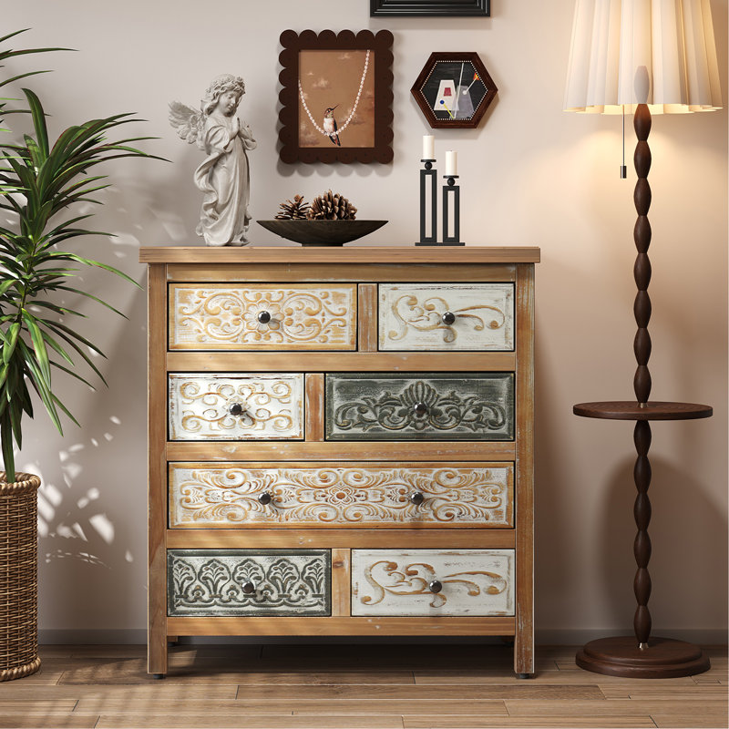 Vintage Wooden Accent Chest With 6 Drawers, Rustic Multicolor Carved Storage Dresser For Bedroom, Living Room, Farmhouse Style Decor (25.59" L X 12.6" W X 33.07" H)