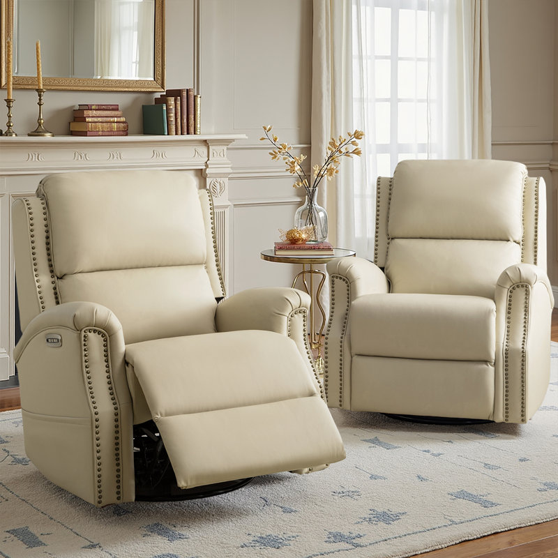 Bouton Traditional Genuine Leather Power Swivel Glider Recliner Set Of 2, Beige