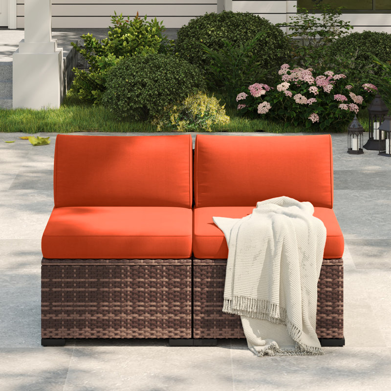 Yentin 24" Outdoor Wicker Patio Armless Modular Chair With Cushion  (Set of 2), Orange