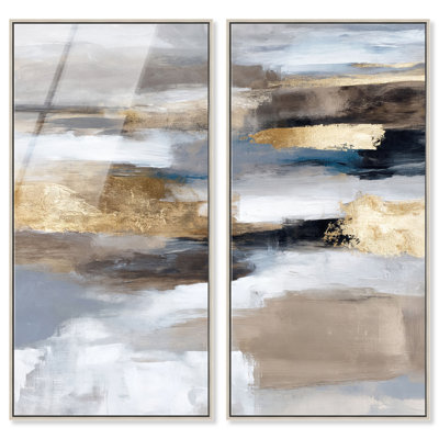 Tawny Tides II, impression acrylique encadrée, grand format, art abstrait par Art Remedy, cadre argenté, 23 x 46