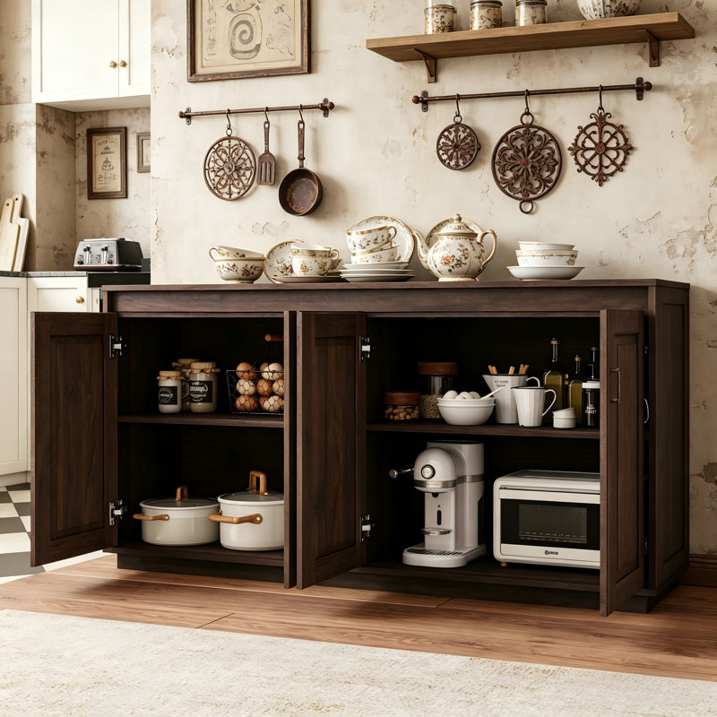Walnut-Finish Four-Door Sideboard — Handleless Design With Wavy Texture; Features Built-In Power Outlets; Suitable For Both Kitchen And Dining Room.