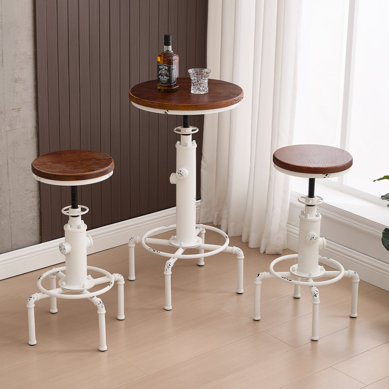 Vintage & Industrial Bar Set With Adjustable Height Metal Frame Counter Stools And Round Bar Table, Blanc