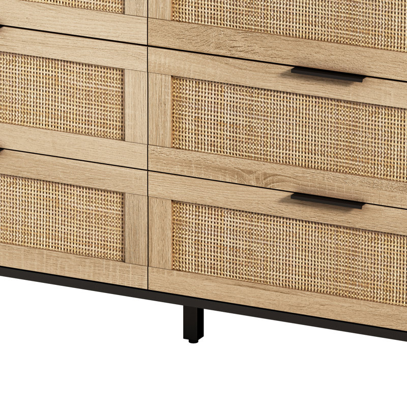 Armoire de rangement 59,6 po à 6 tiroirs et tiroir en rotin pour chambre à coucher et salon