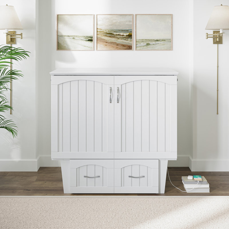 Lit escamotable en bois massif avec station de charge et matelas Kindig, Simple, Blanc