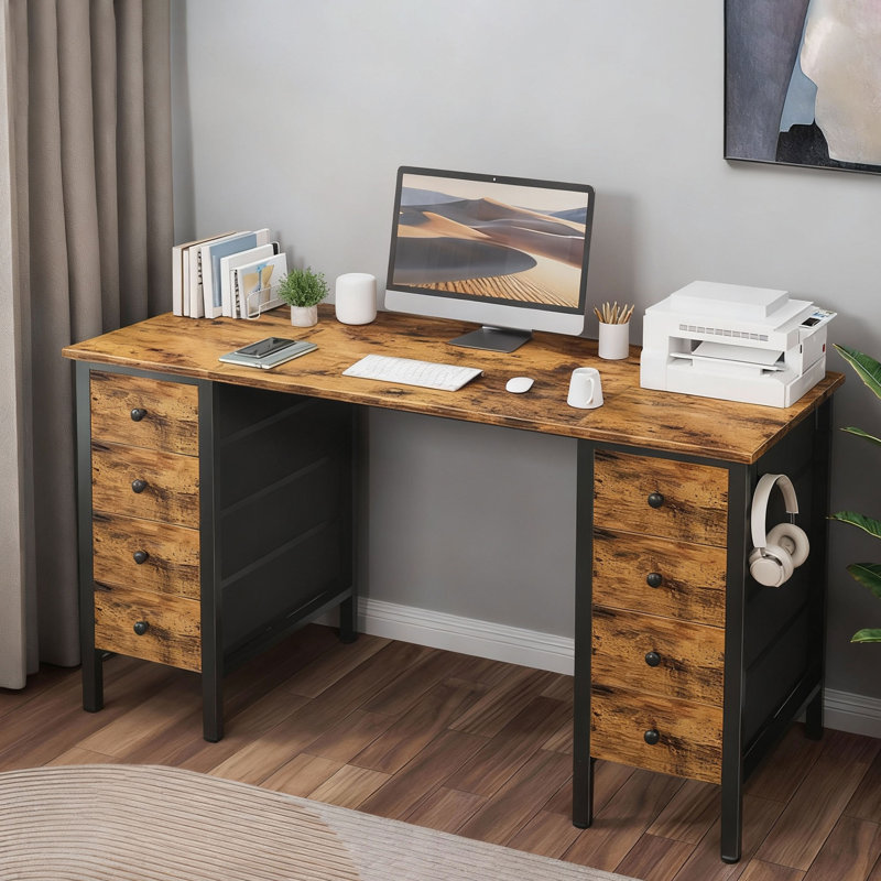 Computer Drawers Desk, Writing Desk With Drawers, Brown