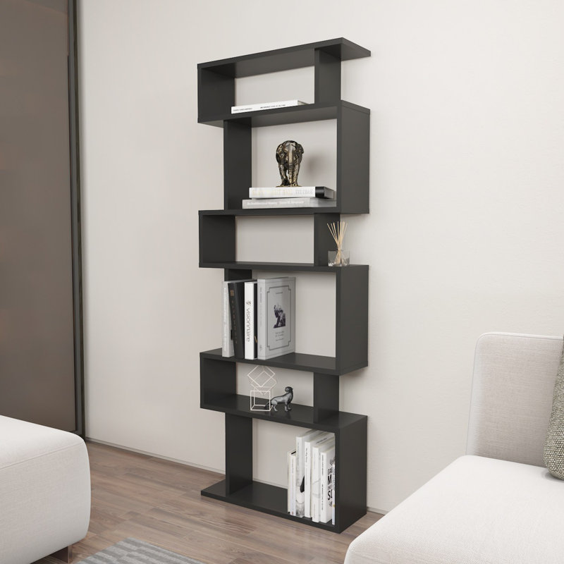 Tovan Modern Geometric Open Shelf Bookcase with Asymmetrical Design, Anthracite