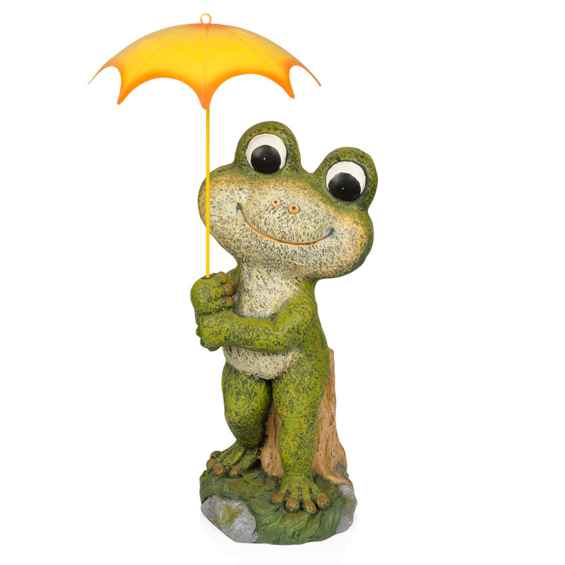Green Frog Garden Statue with Yellow Umbrella, 23"
