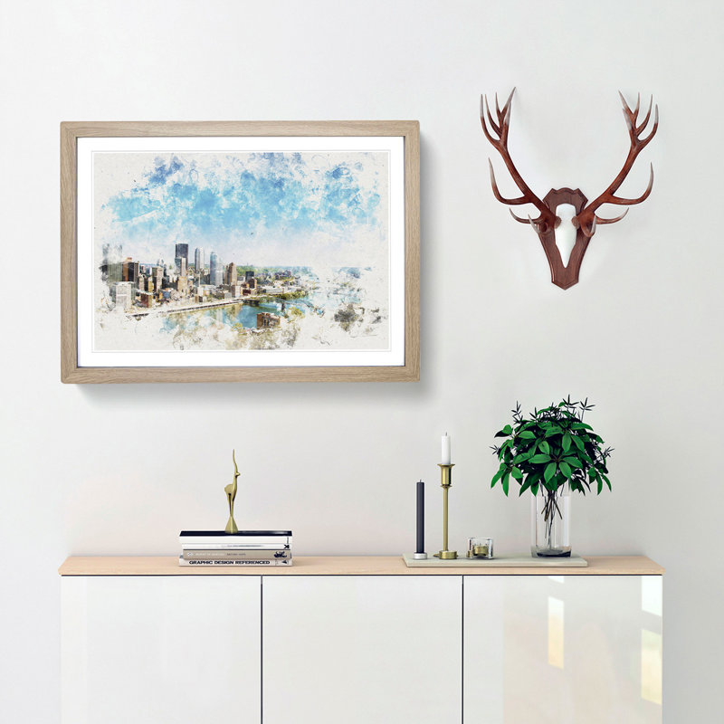 Skyline of Pittsburgh Pennsylvania - Picture Frame Painting Print, 45cm H x 63cm W x 2cm D, Oak Framed