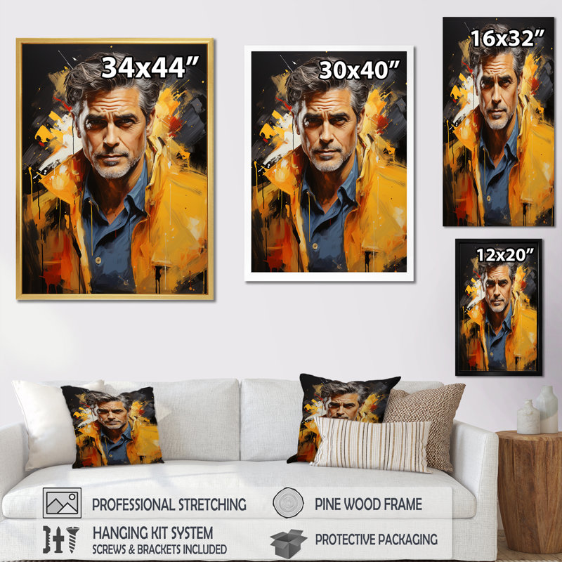 Décoration murale «Cobalt Clooney» - Portrait_105739, Cadre simple noir, H 32 po x l 16 po x P 1 po