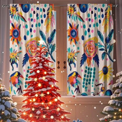 Colorful Floral & Dot Blackout Curtains Set Of 2,28 × 40