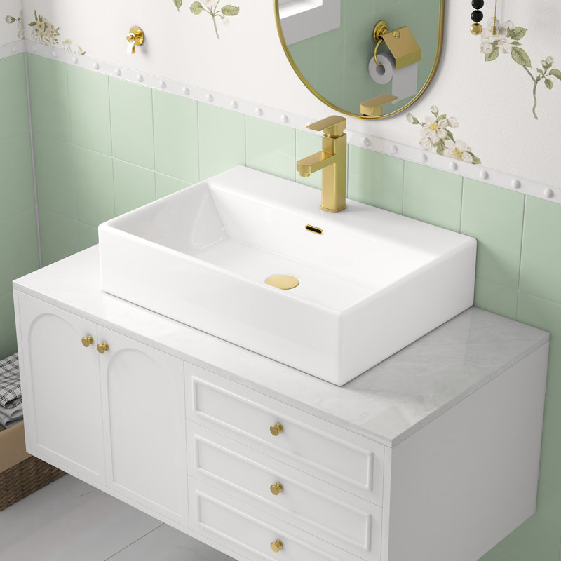 Turner 24" W x 16" D Vitreous China Rectangular Wall Mount Bathroom Vessel Sink with Silver Overflow Ring, White