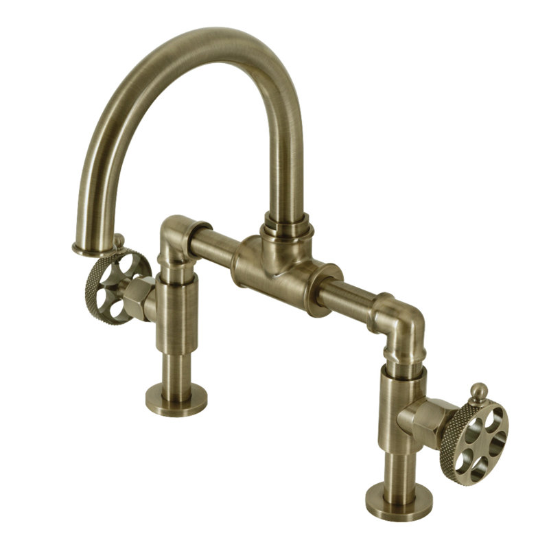 Kingston Brass Webb Two-Handle 2-Hole Deck Mount Bridge Bathroom Faucet with Knurled Handle and Push Pop-Up Drain