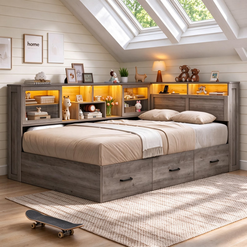 Lit de jour simple avec rangement et tête de lit bibliothèque coulissante en verre, cadre de lit d'angle en bois de style champêtre avec 3 tiroirs de rangement, étagères latérales à 2 niveaux, lumières DEL et station de recharge, lit convertible pour petite chambre, aucun sommier requis