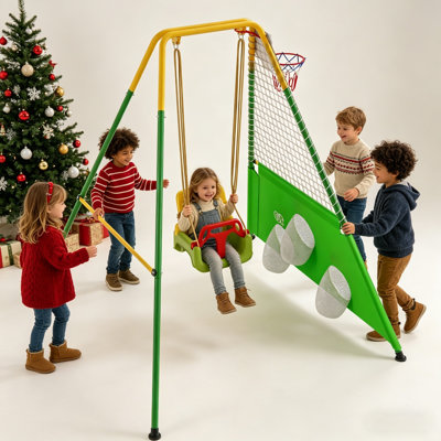 3-in-1 Toddler Swing Set with Basketball Hoop and Soccer Goals , Indoor/Outdoor Baby Swing with Foldable Metal Stand, Kids Swing Set for Backyard, Clear Instructions, Easy to Assemble & Store