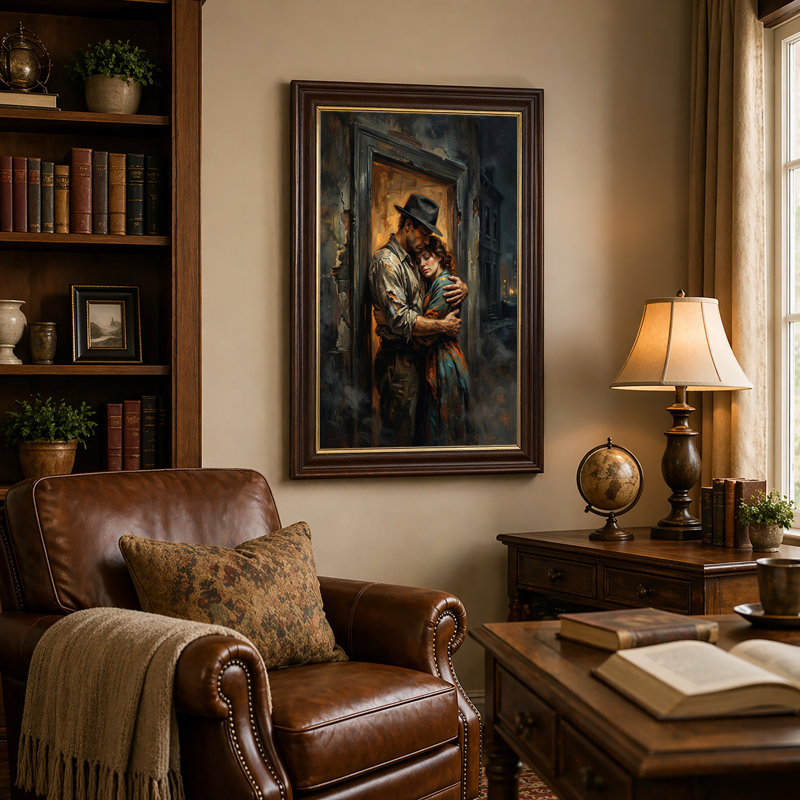 Homme en chapeau fedora enlaçant une femme en robe turquoise, tableau sur toile sombre, H 24 po x l 16 po