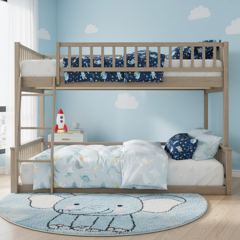 Lit superposé double au-dessus de grand lit en bois massif avec échelle et garde-corps, 2 lits convertibles pour garçons et filles