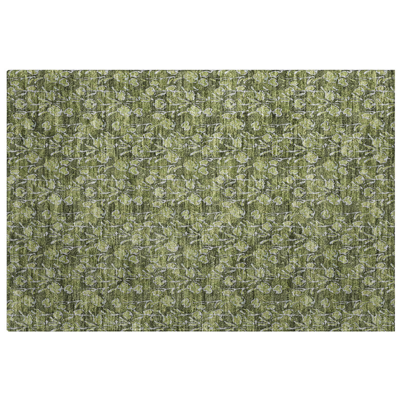 Tapis floral à poil long de qualité supérieure lavable à la machine ADS692, Olive, 1 pi 8 po x 2 pi 6 po