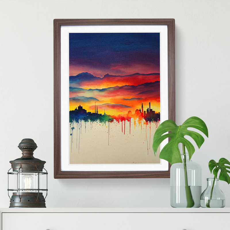 XV1022-3149X Paint Drip City Skyline No.1 Abstract 1 Piece Single Picture Frame Wall Art, 34cm H x 25cm W x 2cm D, Walnut