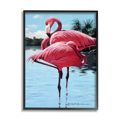«Flamants en équilibre sur la côte» par Rod Lawrence, reproduction sur bois sans cadre