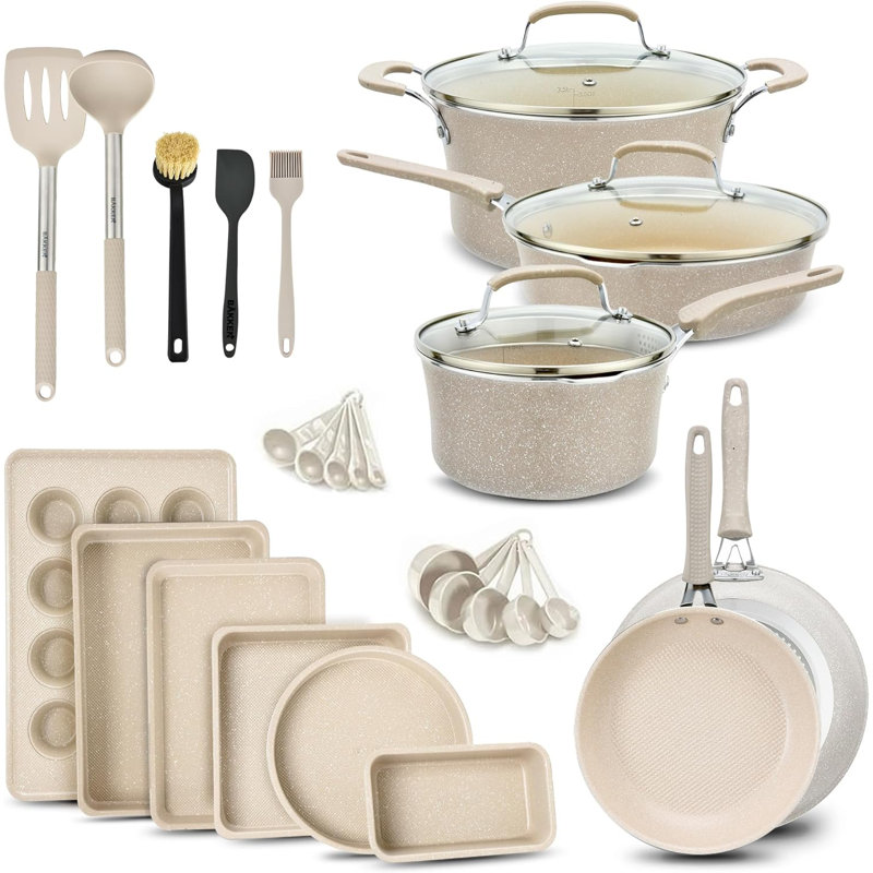 Ensemble de 23 casseroles et poêles, batterie de cuisine antiadhésive avec motif à carreaux, empilable, va au lave-vaisselle et au four, marbre blanc