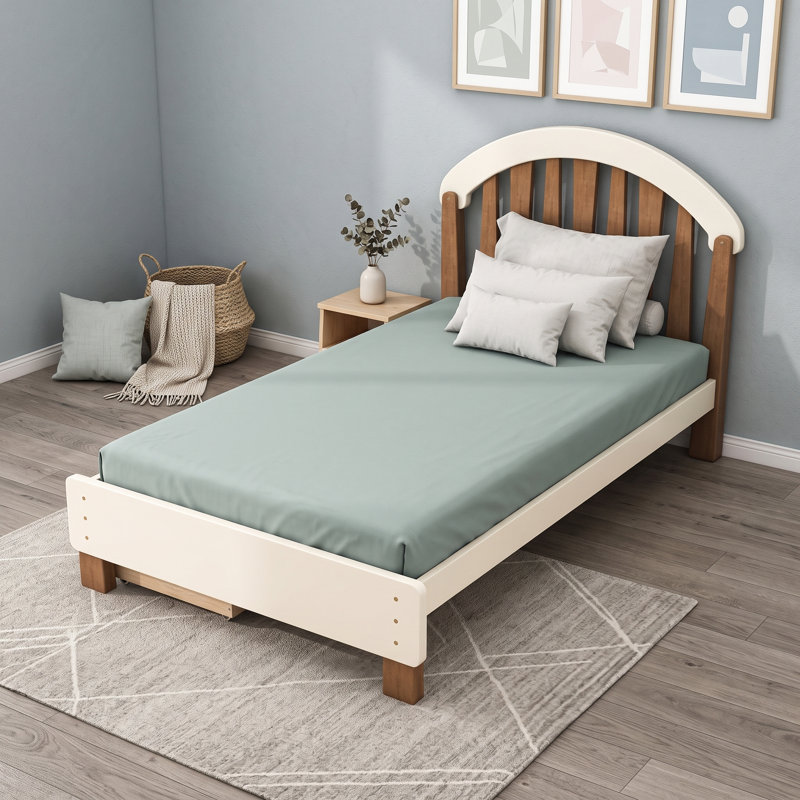 Lit plateforme en bois avec tiroirs de rangement et tête de lit ronde, Lit simple, Beige profond naturel