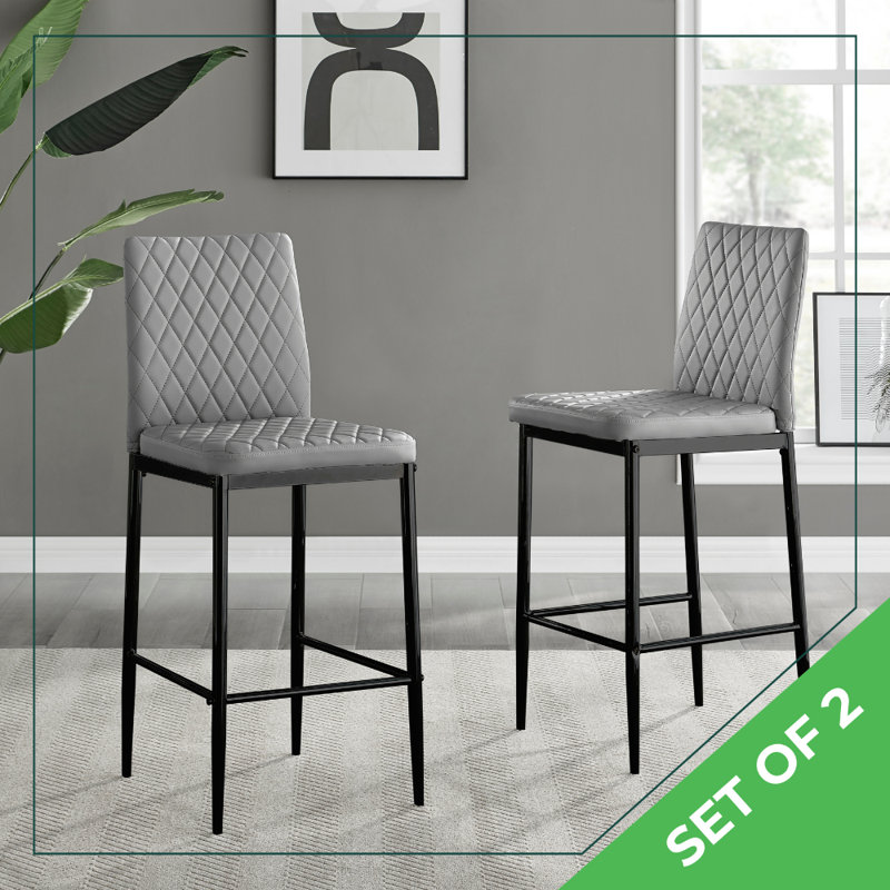 Milton Luxury Breakfast Bar Stool in Quilted Design Faux Leather - Modern Chic Kitchen, Grey, Silver