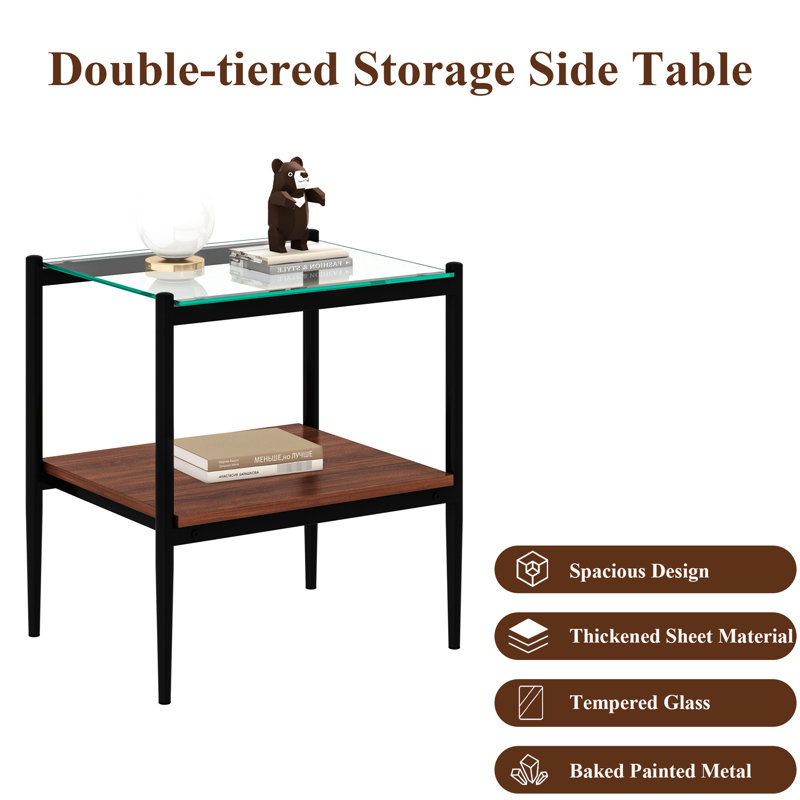 Table de bout Modern Living, verre trempé et support H 21,65 po x l 14,93 po, Transparent, Noir / brun