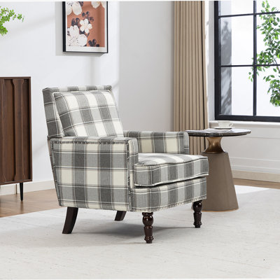 Chaise d'appoint rembourrée, fauteuil vintage avec tissu en lin gris et garniture cloutée pour le salon