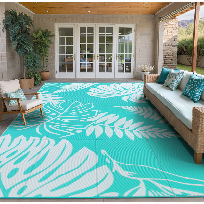 Ellie Reversible Leaf Outdoor Rug, Rectangle 5' x 8', Blue