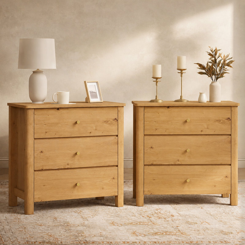 Table de chevet 3 tiroirs en bois, tables de bout naturelles, Honey Oak