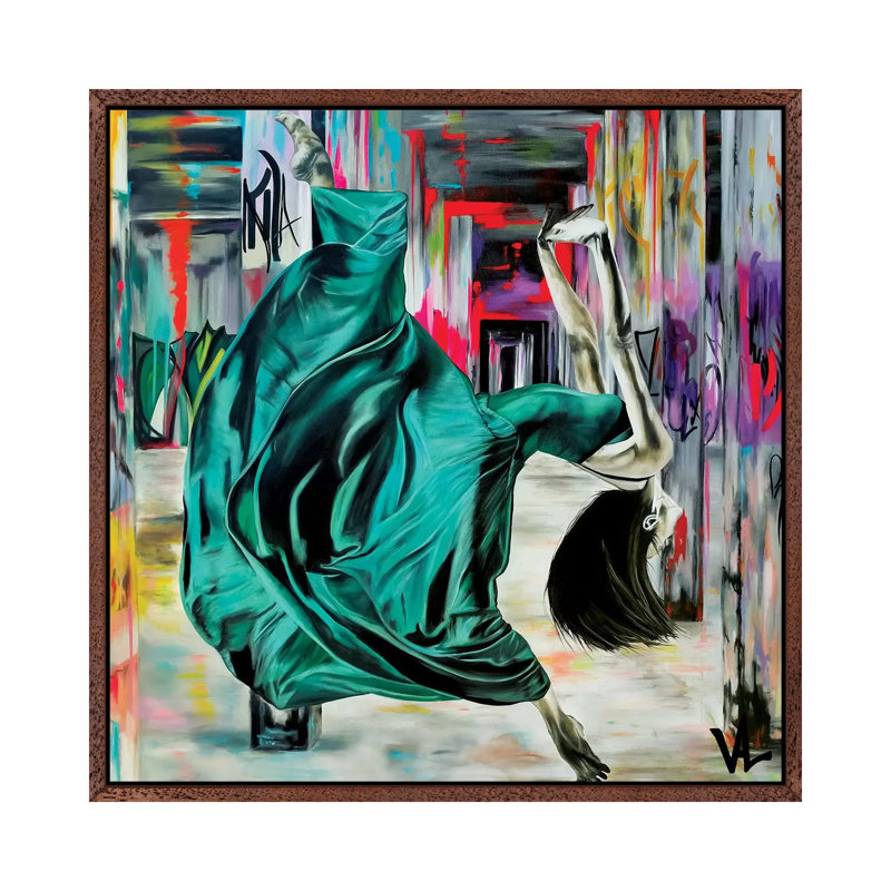 Colors And Danse by Val Escoubet - Painting on Canvas, Classic Brown Wood Framed, 45.72cm H x 45.72cm W x 3.81cm D