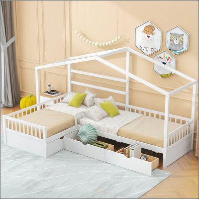 Twin Size House Platform Bed With Three Storage Drawers