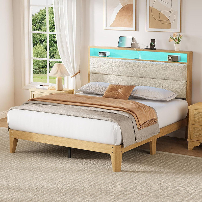 Base de lit plateforme Boucle avec lumières DEL et station de charge, tête de lit tapissier, Beige, Lit double