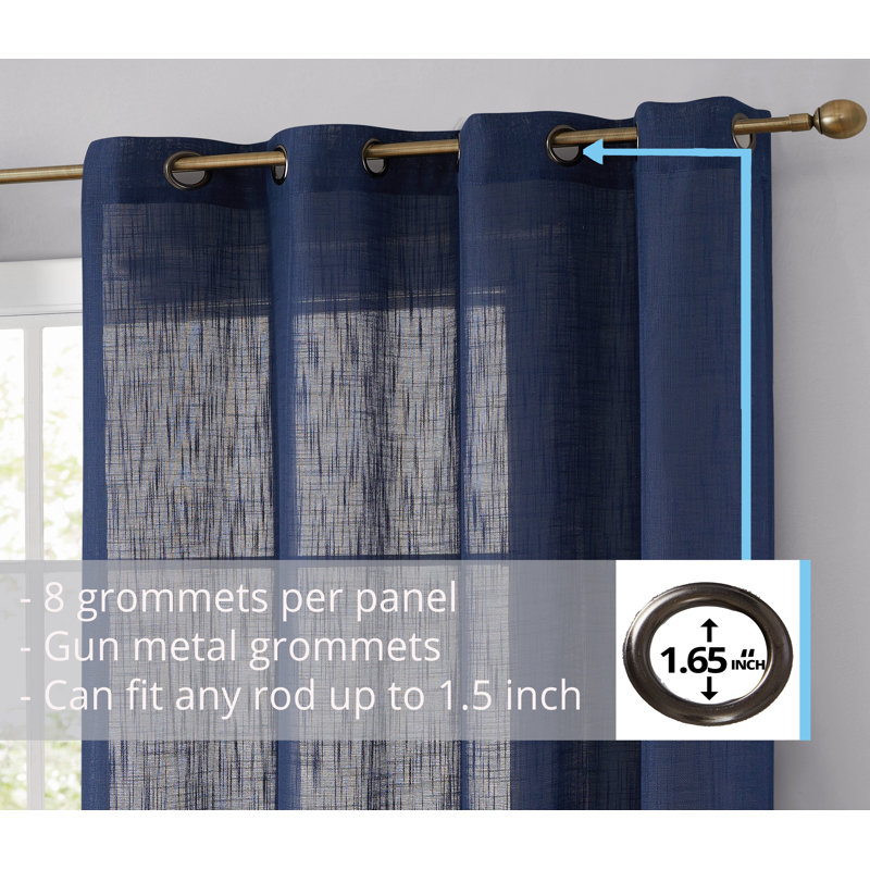 Aleksander Faux Linen Semi Sheer Grommet Curtain Pair, 54" W x 63" L, Navy Blue