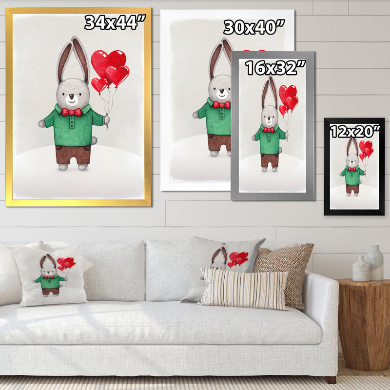 Petit mignon lapin tenant des ballons - peinture sur toile, H 20 po x l 12 po x P 1 po, Cadre d'angle fermé noir