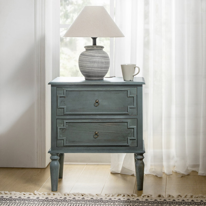 Timar Traditional 23.75''W Solid Wood 2-Drawer End Table with Charging Station, Blue