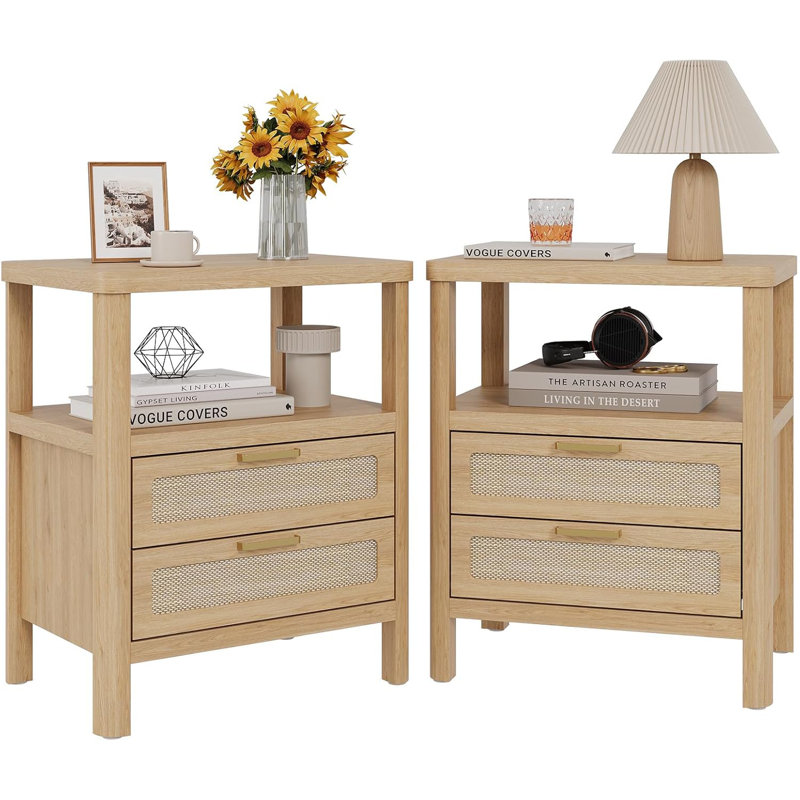 Ensemble de 2 tables de chevet en chêne clair avec coins arrondis, rangement à 2 niveaux avec tiroir et tablette ouverte pour la chambre à coucher Nightstands