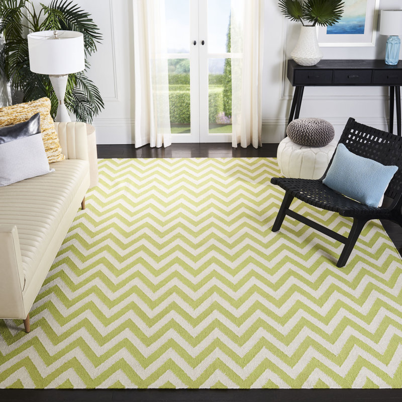Dhurries Hand Woven Flat Weave Wool/Cotton Chevron Rug in Green/Ivory, Rectangle 5' x 8'