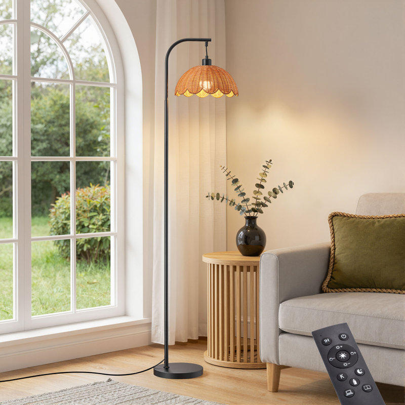Boho 64“ Rattan Arched/Arc Floor Lamp With Remote Control, Dimmable Bulb Included