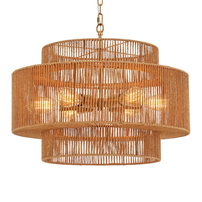 6-light Boho Hand Woven Drum Rattan Chandelier, 6, 3, Gold