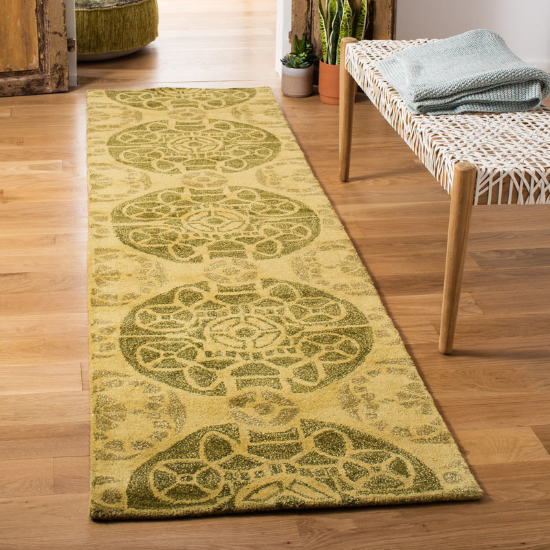 Tapis beige / vert en laine / viscose touffeté à la main Eaton Wyndham, Tapis de couloir 2 pi 3 po x 9 pi
